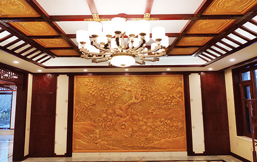 衡东中式别墅客厅中式木作横梁吊顶装饰展示
