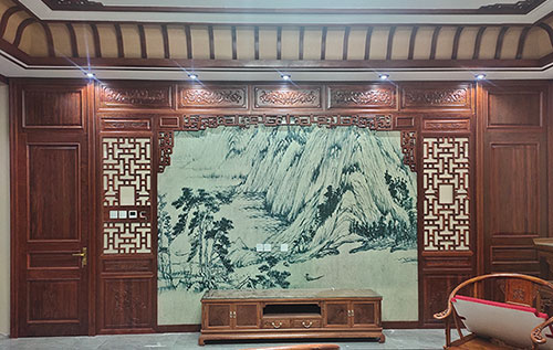 衡东中式仿古别墅客厅背景墙花格木作装饰